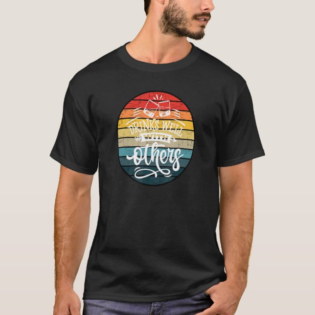 Drinks Well With Others Retro Sunset Drinking T-Shirt (Front)