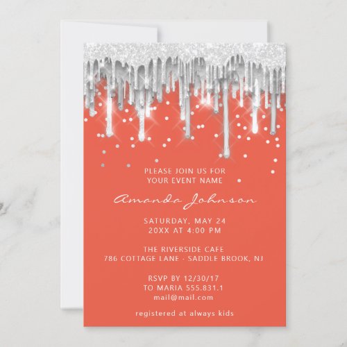Drip Glitter Bridal Wedding Silver Gray Orange Invitation