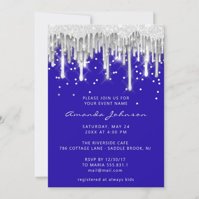 Drip Glitter Bridal Wedding Silver Gray Royal Blue Invitation (Front)