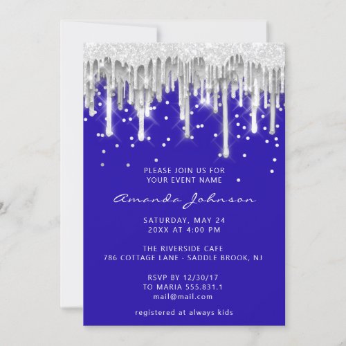 Drip Glitter Bridal Wedding Silver Gray Royal Blue Invitation