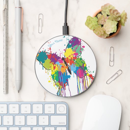 Drip-Paint Art Butterfly w/ Name Wireless Charger (Desk)