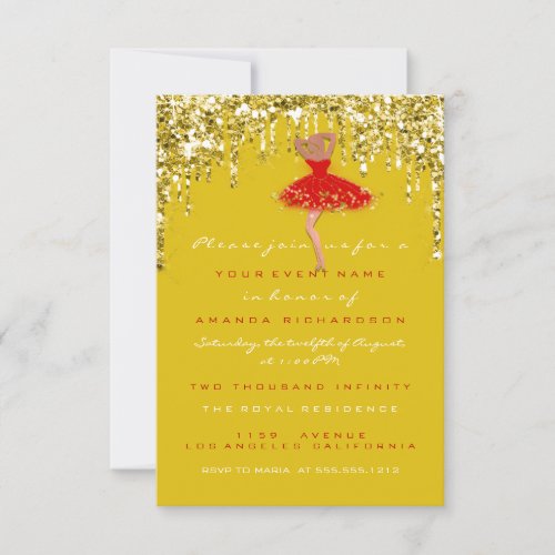  Drip  Yellow Gold Glitter Bridal Sweet 16th Dress Invitation