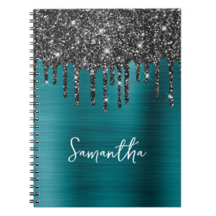 Dripping Black Glitter Blue Teal Glam Name Notebook