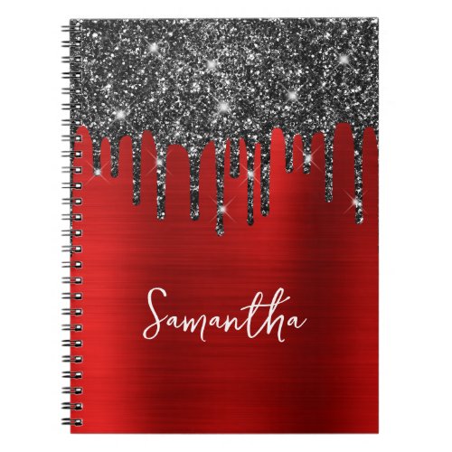 Dripping Black Glitter Red Glam Name Notebook