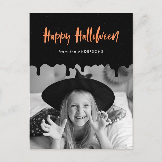Dripping Blood Black and Orange Halloween Photo Holiday Postcard (Front)