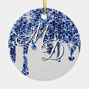 Dripping Blue Cheetah Sparkles Monogram Ceramic Ornament