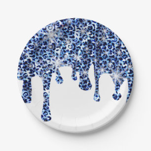 Dripping Blue Cheetah Sparkles Paper Plates