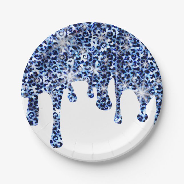 Dripping Blue Cheetah Sparkles Paper Plates (Front)