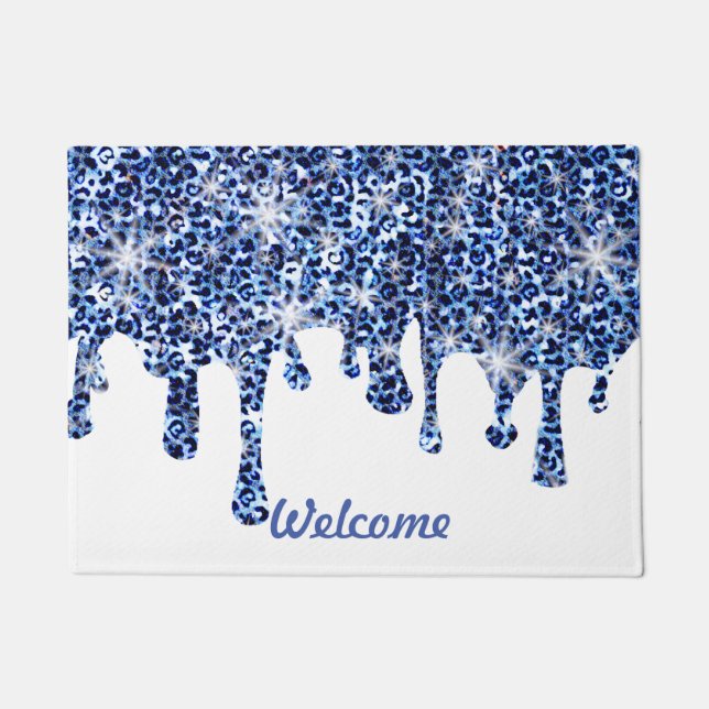 Dripping Blue Cheetah Sparkles Welcome Doormat (Front)