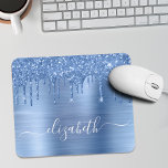 Dripping Blue Glitter Monogram Mouse Pad<br><div class="desc">Custom elegant and girly mouse pad featuring blue faux glitter dripping against a blue faux metallic foil background. Monogram with your name in a stylish trendy white script with swashes.</div>