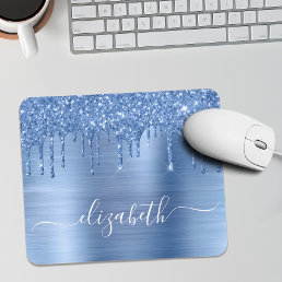 Dripping Blue Glitter Monogram Mouse Pad