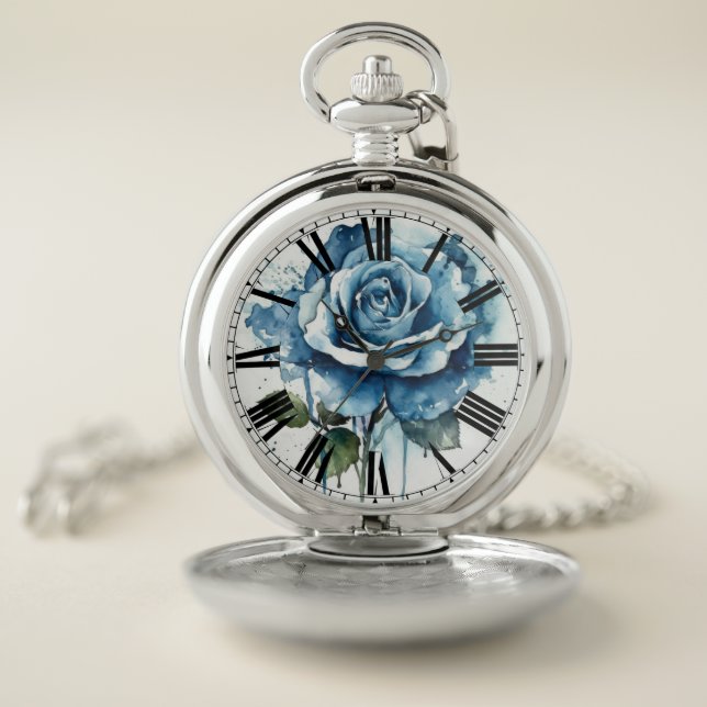 Dripping Blue Watercolor Painted Rose Pocket Watch (Inside)