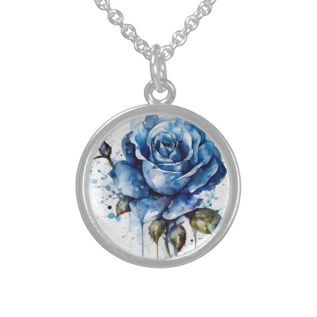 Dripping Blue Watercolor Rose Sterling Silver Necklace (Front)