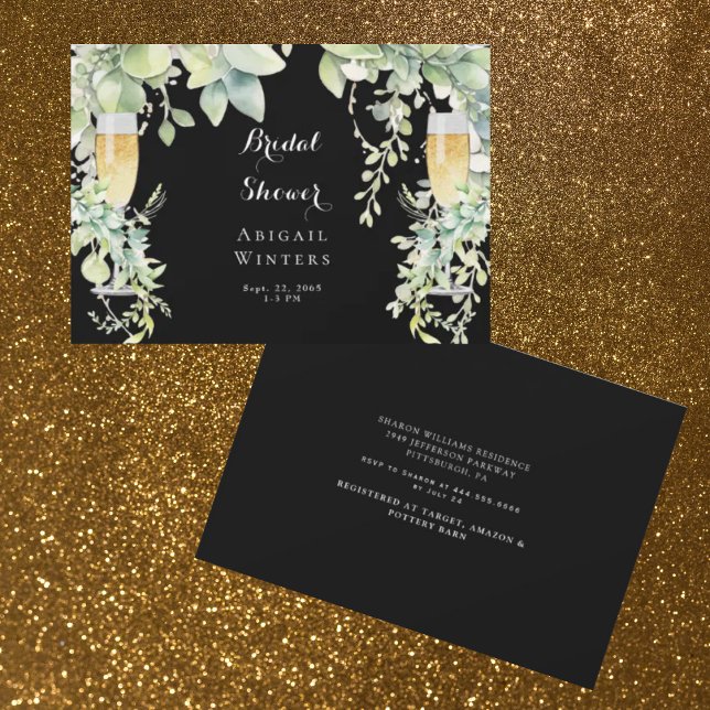 Dripping Botanical Champagne Black Bridal Shower  Invitation (Creator Uploaded)