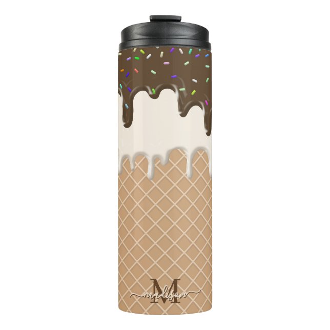 Dripping Chocolate Ice Cream Waffle Cone Monogram  Thermal Tumbler (Front)