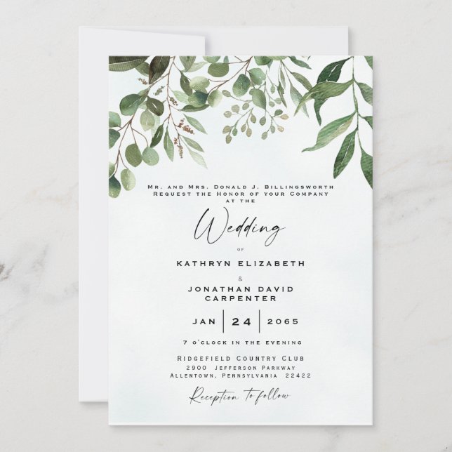 Dripping Eucalyptus Elegant  Watercolor Wedding  I Invitation (Front)