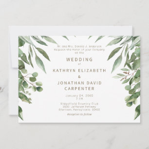 Dripping Eucalyptus Modern Gold Text Wedding  Invitation