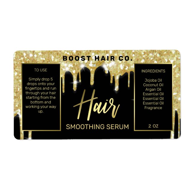 Dripping Glitter Black Gold Hair Serum Labels (Front)
