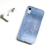Dripping Glitter Blue Personalized iPhone XR Case<br><div class="desc">Custom elegant and girly phone case featuring blue faux glitter dripping against a blue faux brushed metallic background. Personalize with your name in a stylish trendy white script with swashes.</div>