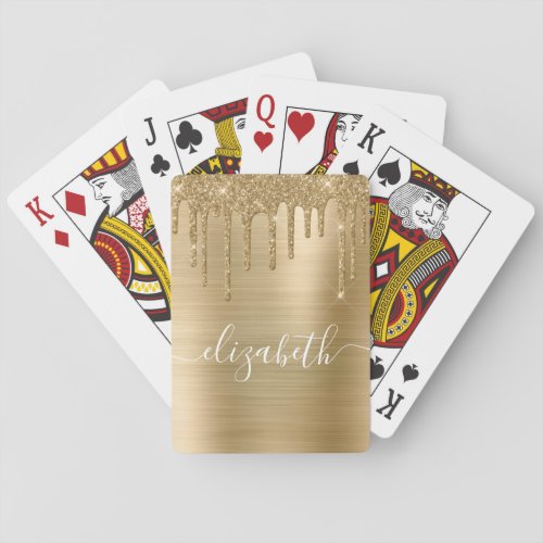 Dripping Glitter Monogram Gold Poker Cards
