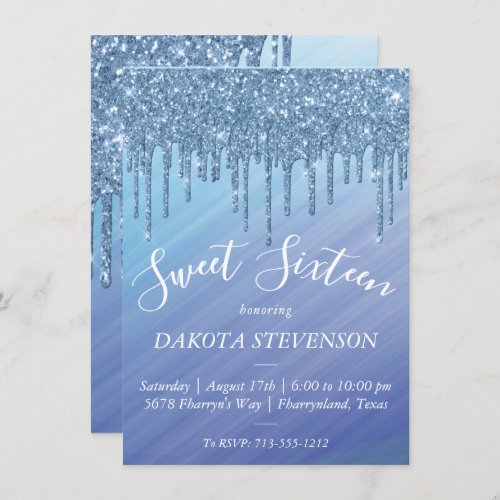 Dripping Glitter  Ombre Blue Glam Sweet Sixteen Invitation