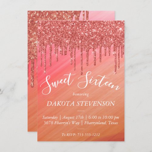 Dripping Glitter  Ombre Melting Drizzle Sweet 16 Invitation