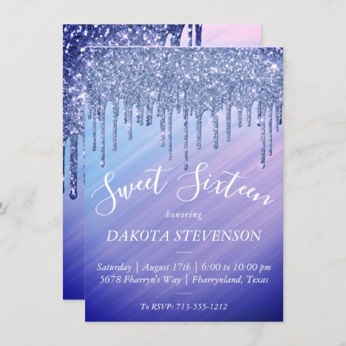 Dripping Glitter  Ombre Purple Blue Sweet Sixteen Invitation