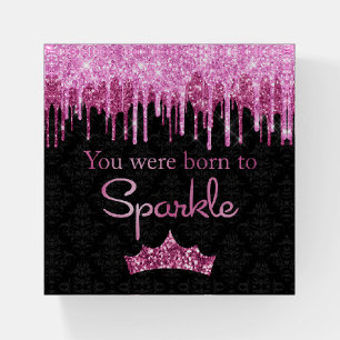 Dripping Glitter Pink Black Born to Sparkle Paperweight