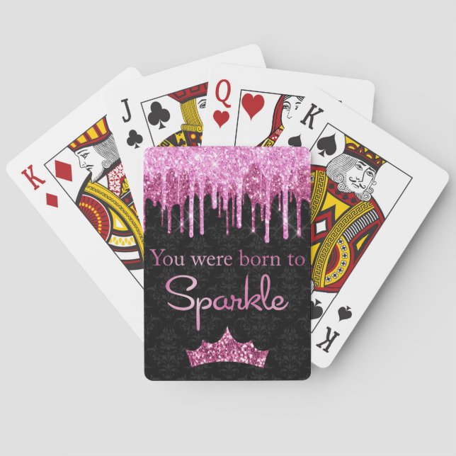 Dripping Glitter Pink Black Born to Sparkle Poker Cards (Back)