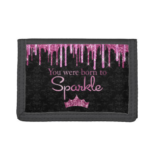 Dripping Glitter Pink Black Born to Sparkle Tri-fold Wallet