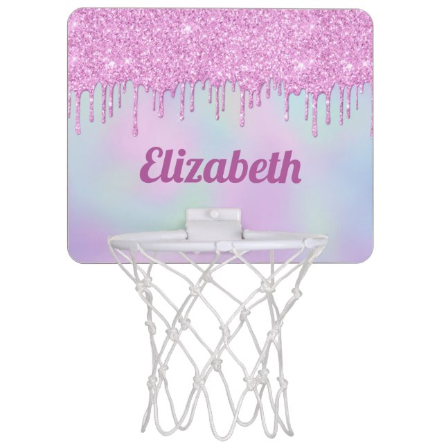 Dripping Glitter Pink Purple Monogram Name Mini Basketball Hoop (Front)
