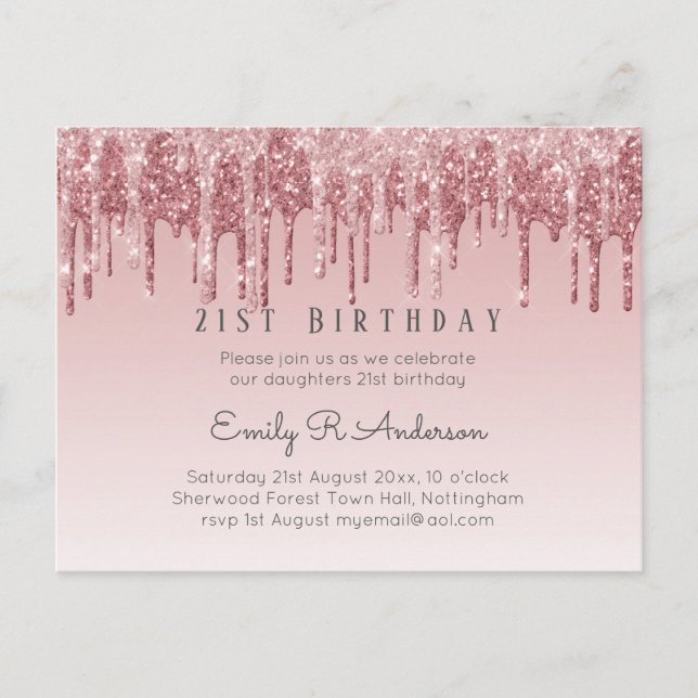 Dripping Glitter Rose Gold 21st Birthday Pink Girl Postcard (Front)