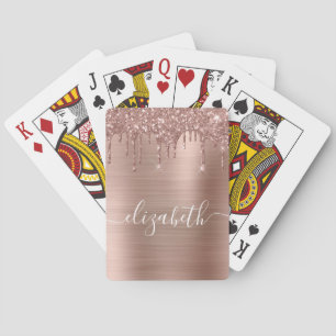 Dripping Glitter Rose Gold Monogram Playing Cards
