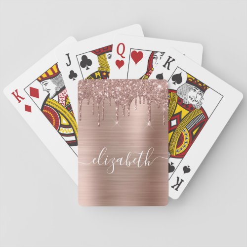 Dripping Glitter Rose Gold Monogram Playing Cards