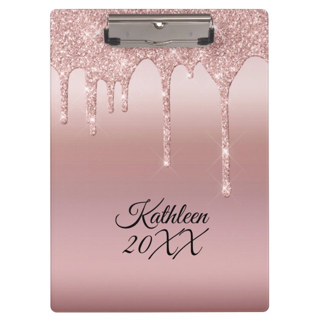 Dripping Glitter Rose Gold Personalized Clipboard (Front)