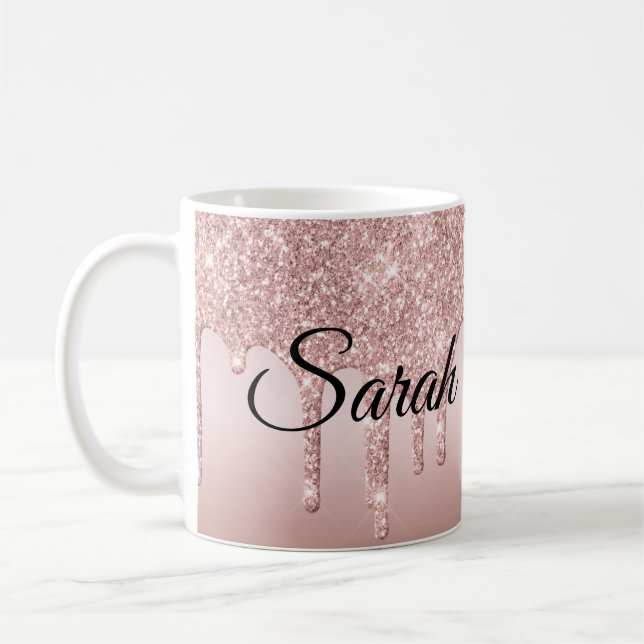 Dripping Glitter Rose Gold Personalized Coffee Mug (Left)