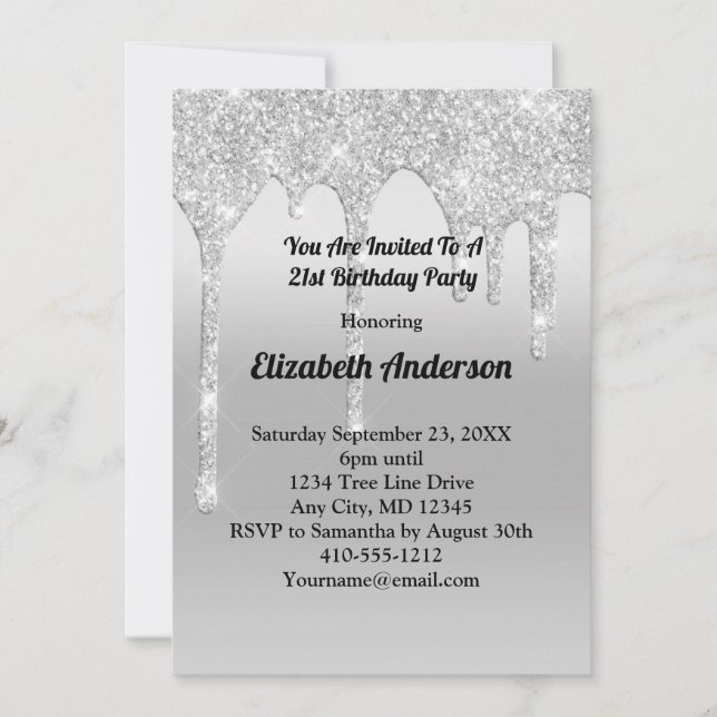 Dripping Glitter Silver Personalized 21st Birthday Invitation (Front)