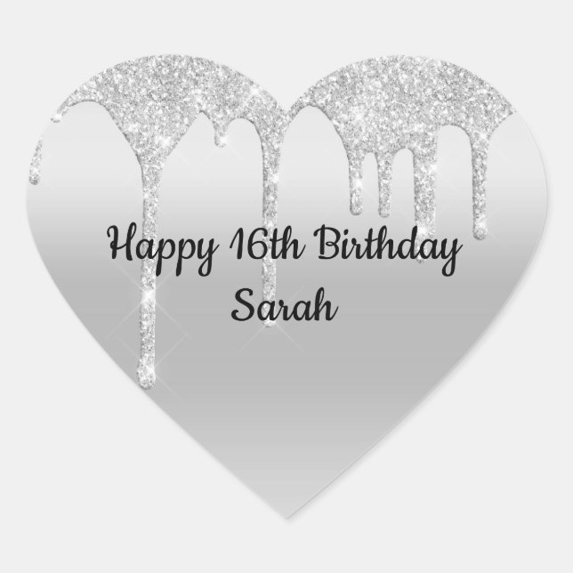 Dripping Glitter Silver Personalized Birthday  Heart Sticker (Front)