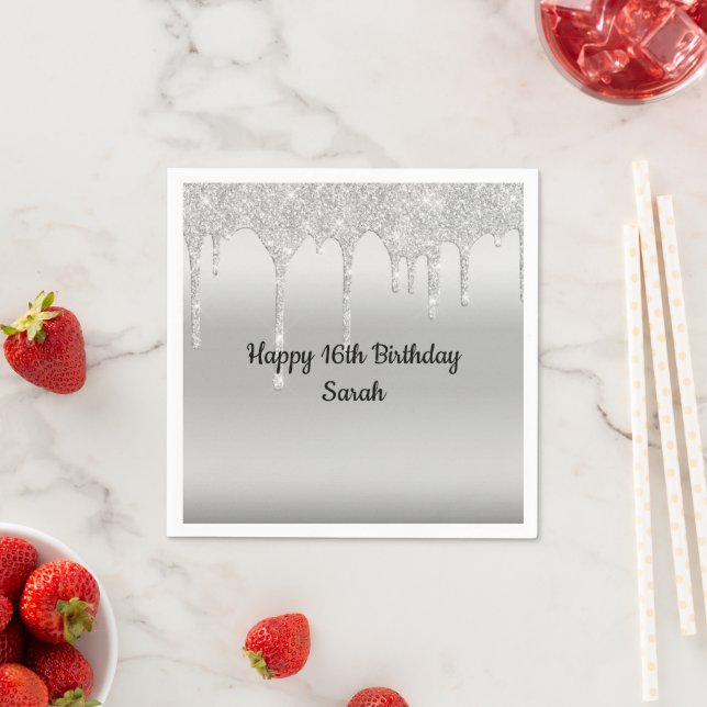 Dripping Glitter Silver Personalized Birthday  Napkins (Insitu)