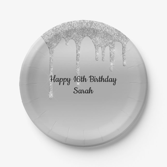 Dripping Glitter Silver Personalized Birthday  Paper Plates (Front)
