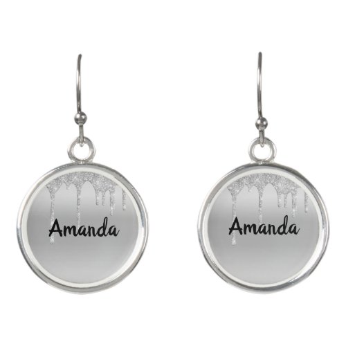 Dripping Glitter Silver Personalized Earrings