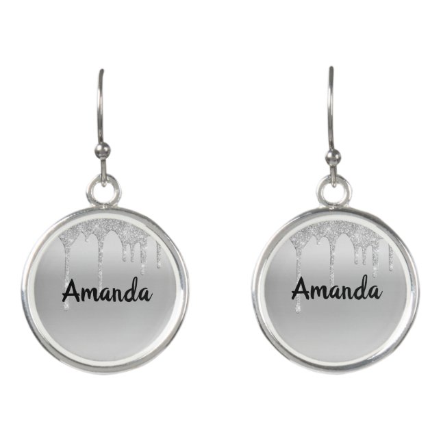 Dripping Glitter Silver Personalized Earrings (Front)