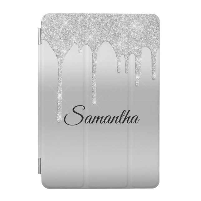 Dripping Glitter Silver Personalized iPad Mini Cover (Front)