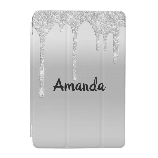 Dripping Glitter Silver Personalized iPad Mini Cover (Front)