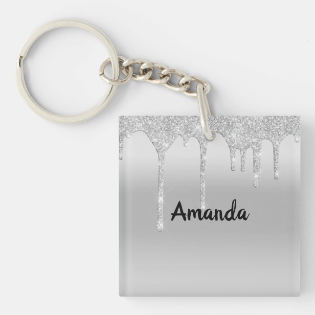 Dripping Glitter Silver Personalized Key Chain (Front)
