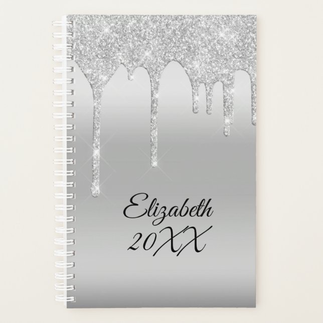 Dripping Glitter Silver Personalized Planner (Front)
