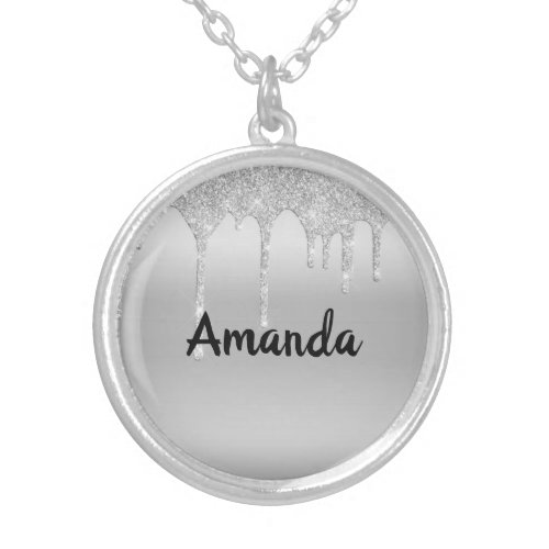 Dripping Glitter Silver Personalized Silver Plated Necklace