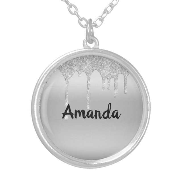 Dripping Glitter Silver Personalized Silver Plated Necklace (Front)