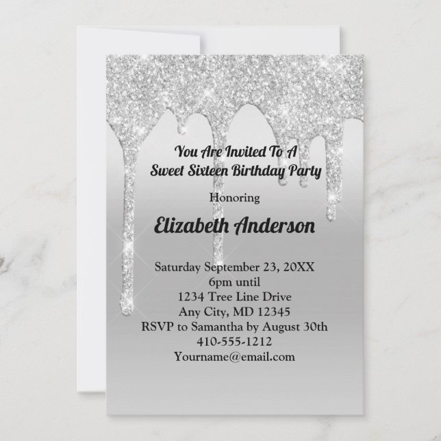 Dripping Glitter Silver Personalized Sweet Sixteen Invitation (Front)