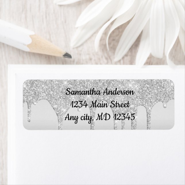 Dripping Glitter Silver Return Address Label (Insitu)